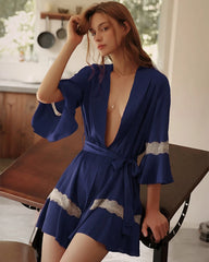 Washable Silk Robe with Lace and Ruffles