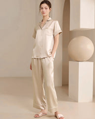Washable Silk Short Sleeve Long Pants Pajama Set