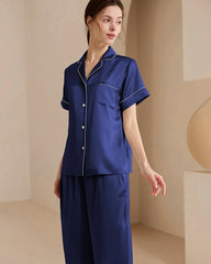 Washable Silk Short Sleeve Long Pants Pajama Set