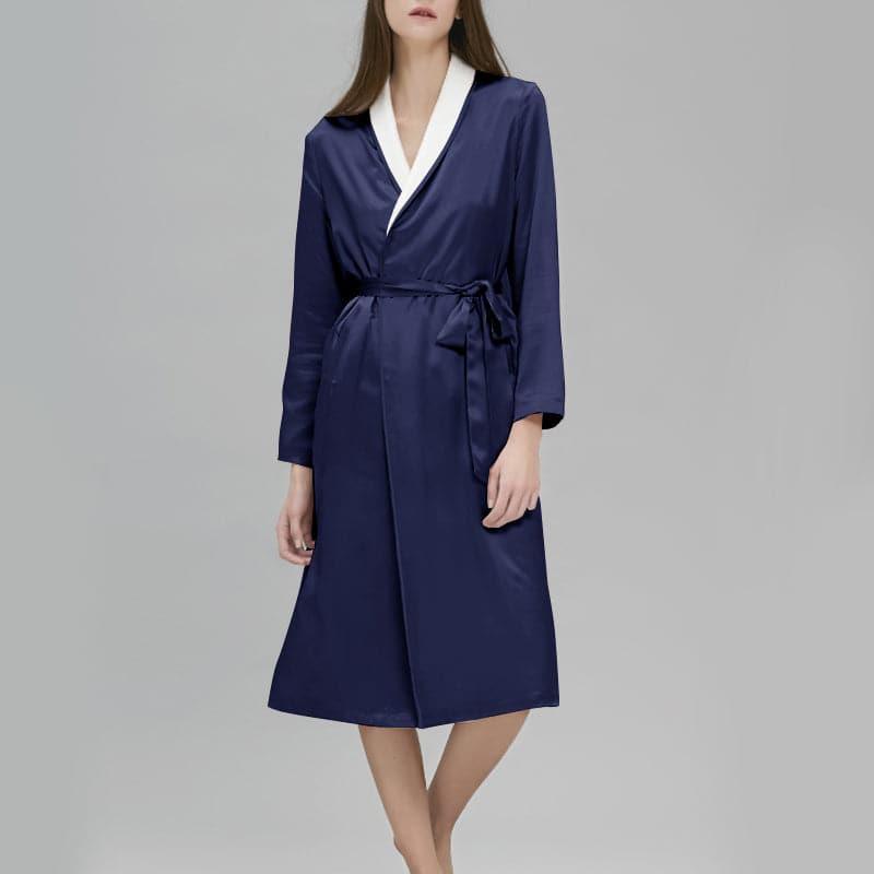 Silk and Velvet Reversible Robe for Winter Navy