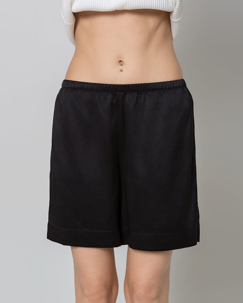 Women's Elasticated-Waist 100% Silk Pajama Shorts Black