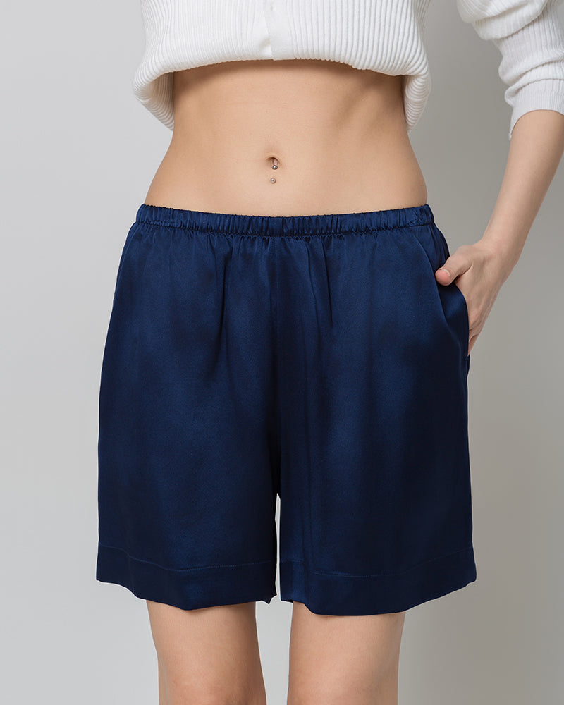 Women's Elasticated-Waist 100% Silk Pajama Shorts Navy