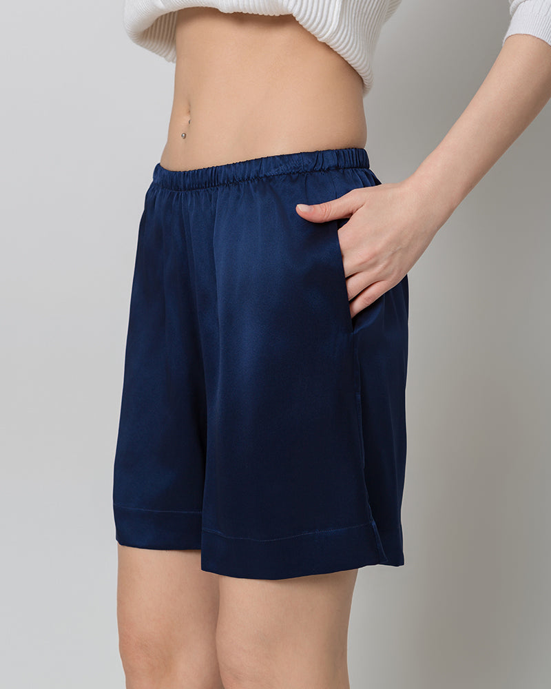 Women's Elasticated-Waist 100% Silk Pajama Shorts Navy