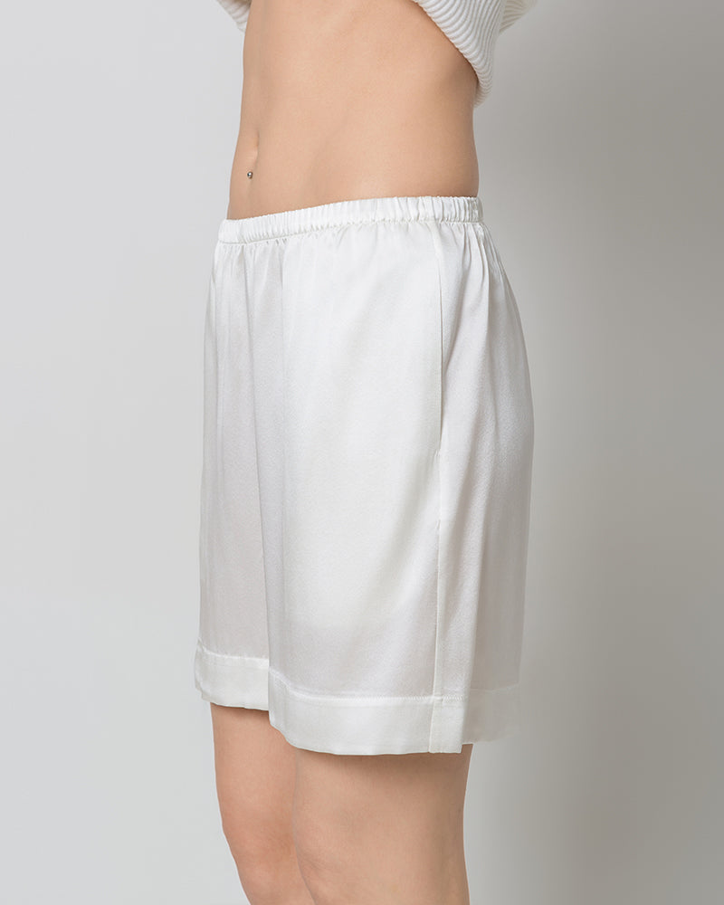 Women's Elasticated-Waist 100% Silk Pajama Shorts White