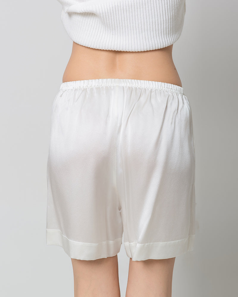 Women's Elasticated-Waist 100% Silk Pajama Shorts White