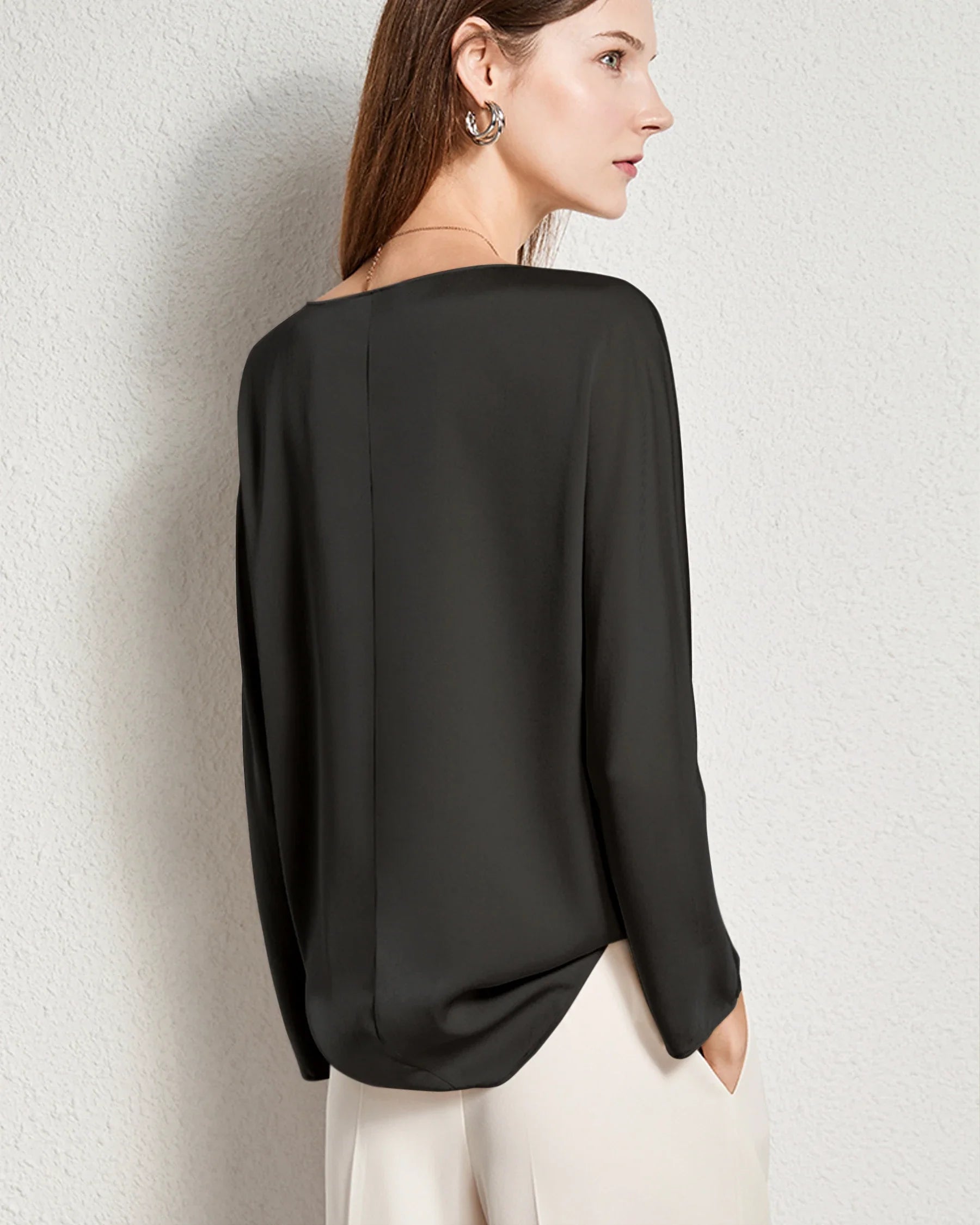 Women Basic Round Neck Silk Blouse Black