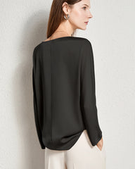 Women Basic Round Neck Silk Blouse Black