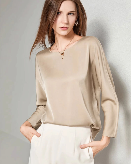 Women Basic Round Neck Silk Blouse Champagne