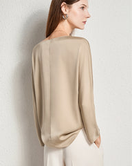 Women Basic Round Neck Silk Blouse Champagne