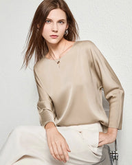 Women Basic Round Neck Silk Blouse Champagne