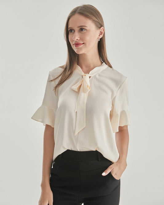 Women Bow-tie Neck Silk Blouse Cream