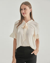Women Bow-tie Neck Silk Blouse Cream