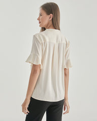Women Bow-tie Neck Silk Blouse Cream