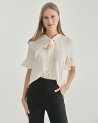 Women Bow-tie Neck Silk Blouse Cream