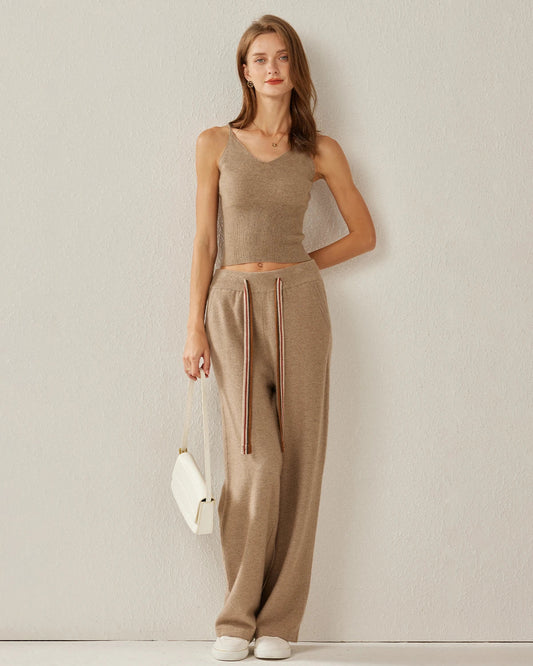 Women Cashmere Straight Wide Leg Pants Camel