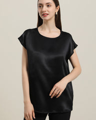 Women's Round Neck Short Silk T-Shirt Black