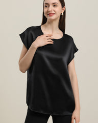 Women's Round Neck Short Silk T-Shirt Black