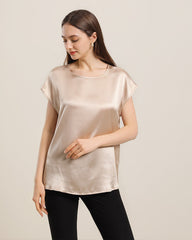 Women's Round Neck Short Silk T-Shirt Champagne