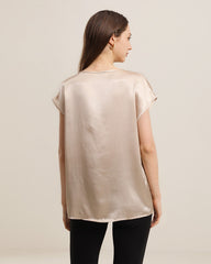 Women's Round Neck Short Silk T-Shirt Champagne