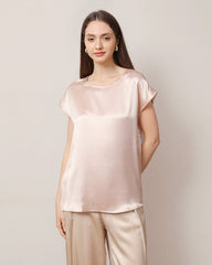 Women's Round Neck Short Silk T-Shirt Pink