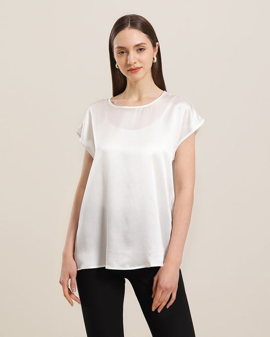 Women's Round Neck Short Silk T-Shirt White