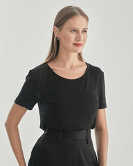 Women Round Neck Silk Knitted T-shirt Black