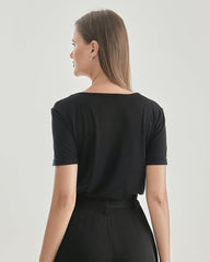 Women Round Neck Silk Knitted T-shirt Black