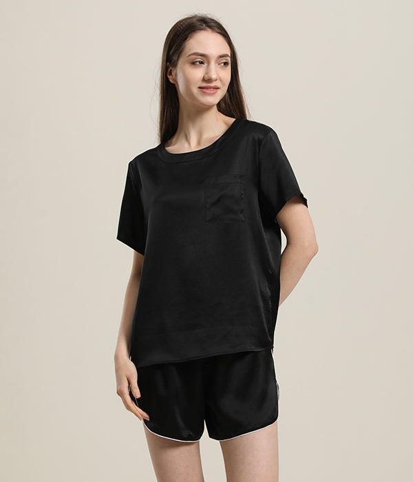 Women 100% Short Silk Pajamas Set Black