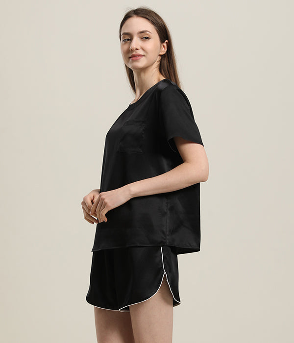 Women 100% Short Silk Pajamas Set Black