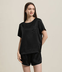 Women 100% Short Silk Pajamas Set Black
