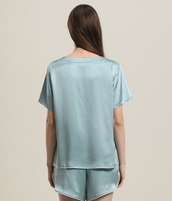 Women 100% Short Silk Pajamas Set Haze Blue