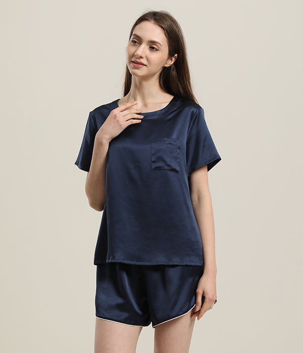 Women 100% Short Silk Pajamas Set Navy