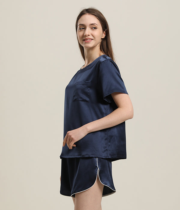 Women 100% Short Silk Pajamas Set Navy