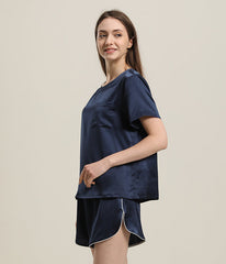 Women 100% Short Silk Pajamas Set Navy