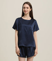 Women 100% Short Silk Pajamas Set Navy
