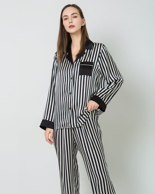 Striped Silk Pajamas Set Sleepwear Black