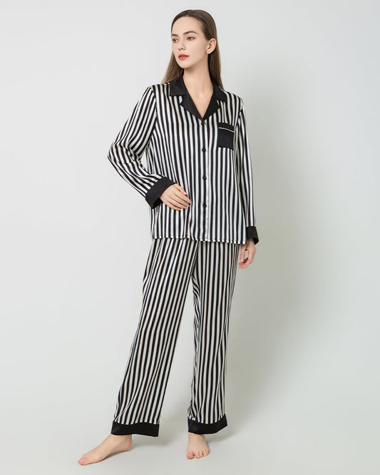 Striped Silk Pajamas Set Sleepwear Black