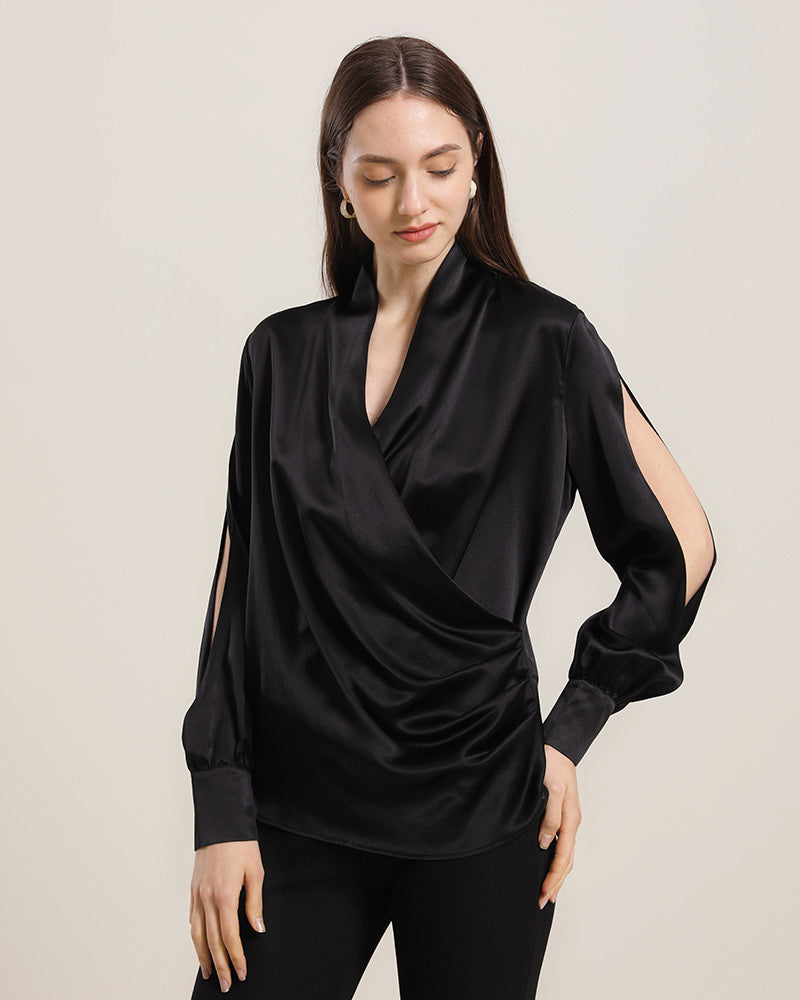 Women's Silk Blouse Shirts with Split Sleeves Black