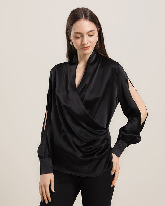 Women's Silk Blouse Shirts with Split Sleeves Black