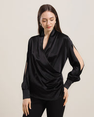 Women's Silk Blouse Shirts with Split Sleeves Black