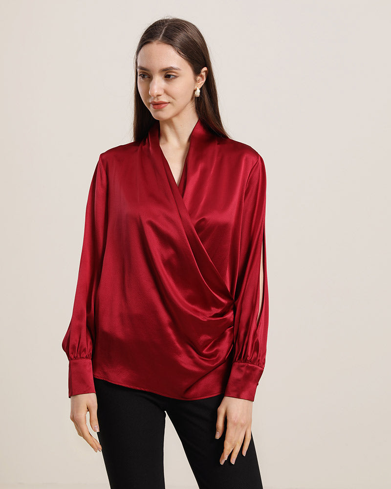 Women's Silk Blouse Shirts with Split Sleeves Burgundy