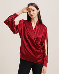 Women's Silk Blouse Shirts with Split Sleeves Burgundy