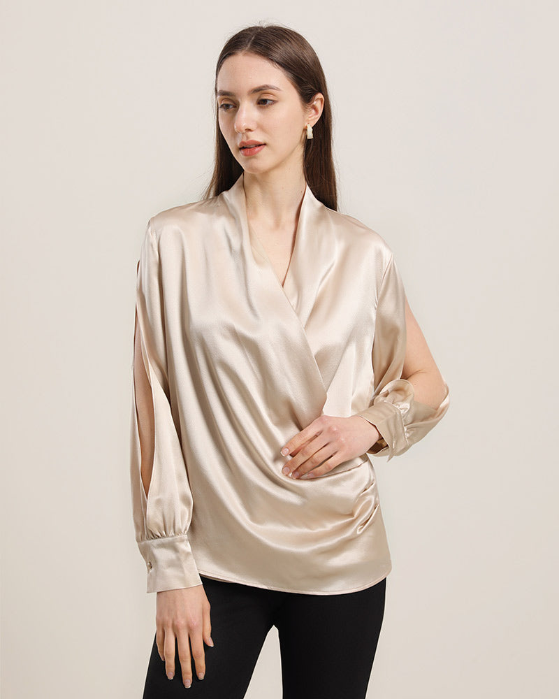 Women's Silk Blouse Shirts with Split Sleeves Champagne