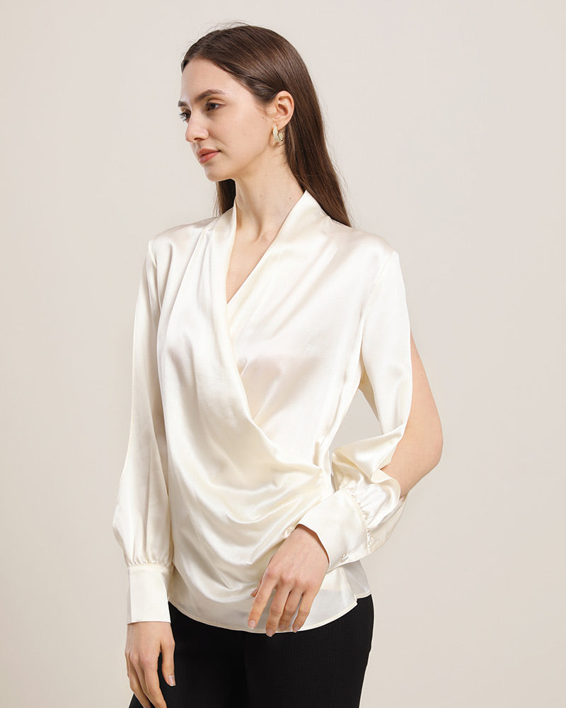Women's Silk Blouse Shirts with Split Sleeves Cream