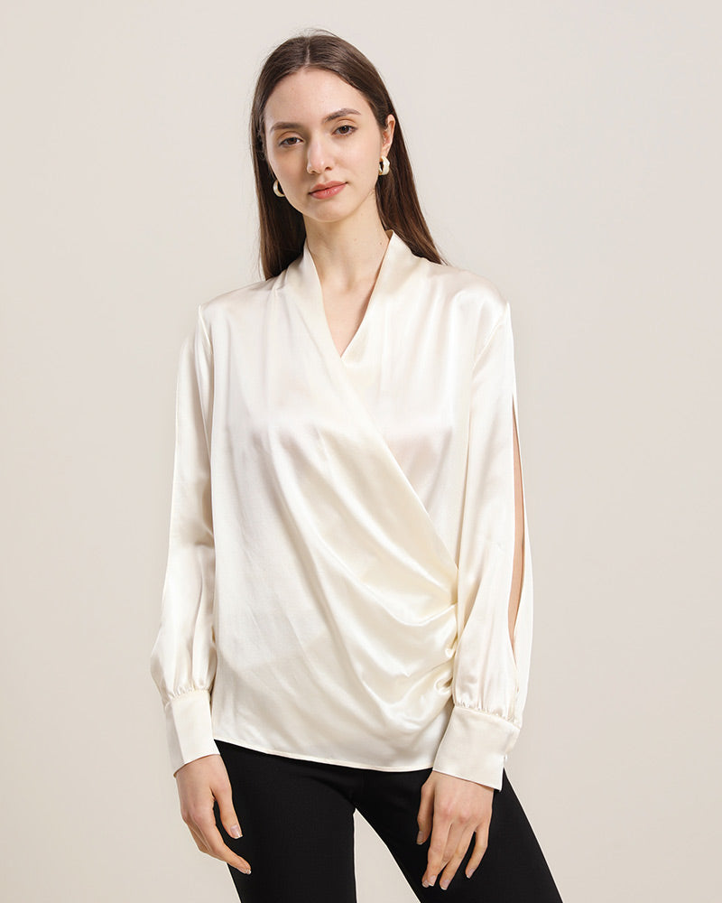 Women's Silk Blouse Shirts with Split Sleeves Cream