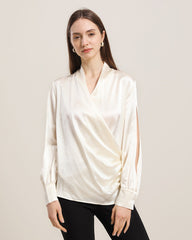 Women's Silk Blouse Shirts with Split Sleeves Cream