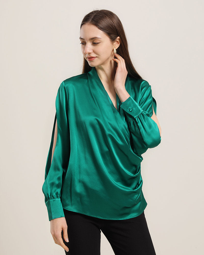 Women's Silk Blouse Shirts with Split Sleeves Dark Green