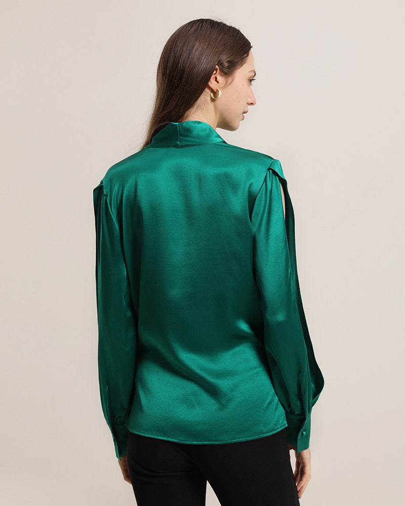 Women's Silk Blouse Shirts with Split Sleeves Dark Green