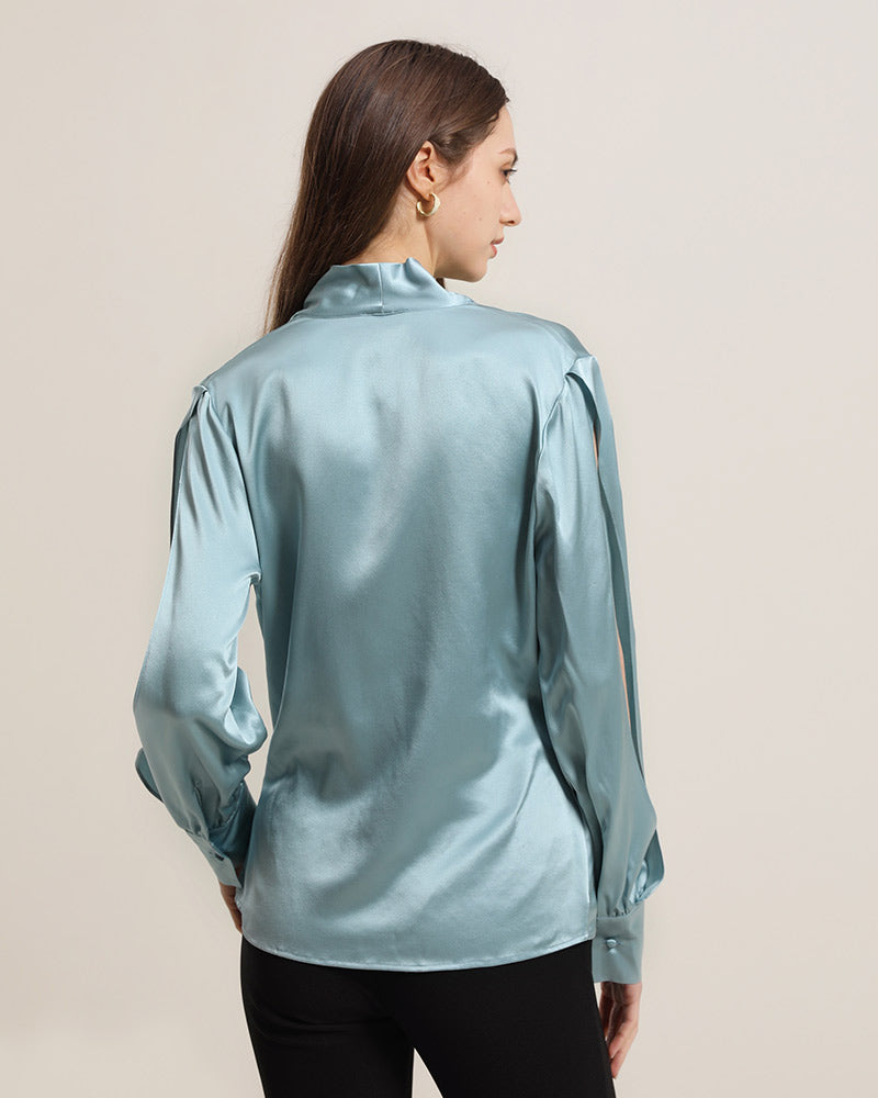 Women's Silk Blouse Shirts with Split Sleeves Haze Blue