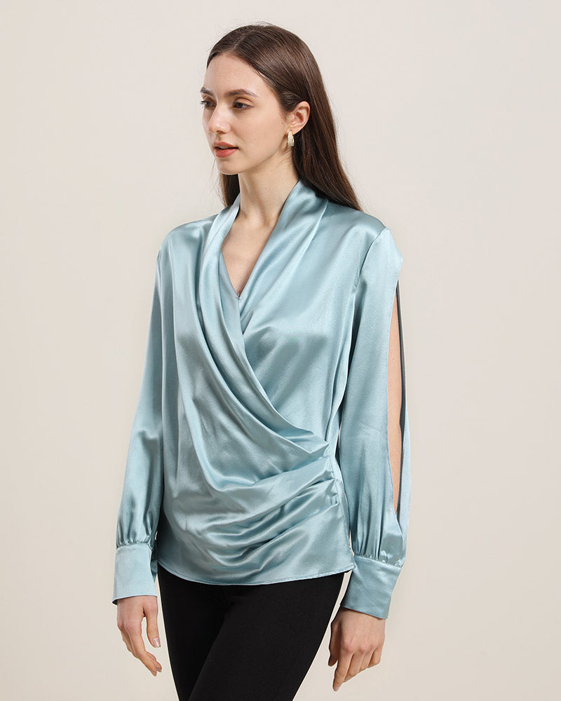Women's Silk Blouse Shirts with Split Sleeves Haze Blue